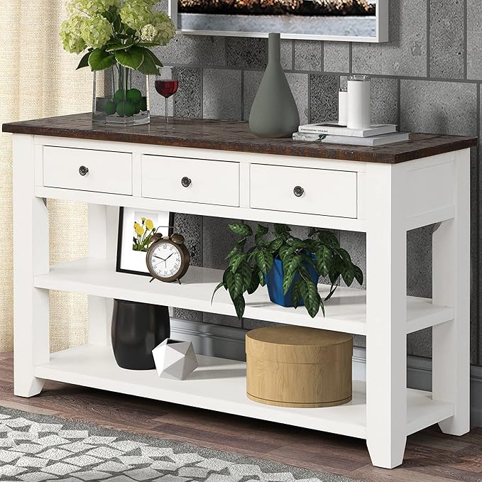LKTART Solid Wood Console Table,Sofa Table with Storage Drawers and Bottom Shelf,Entryway Table for Entry Hallway Foyer Sofa Couch Table,Easy Assembled (48.8" Antique White)
