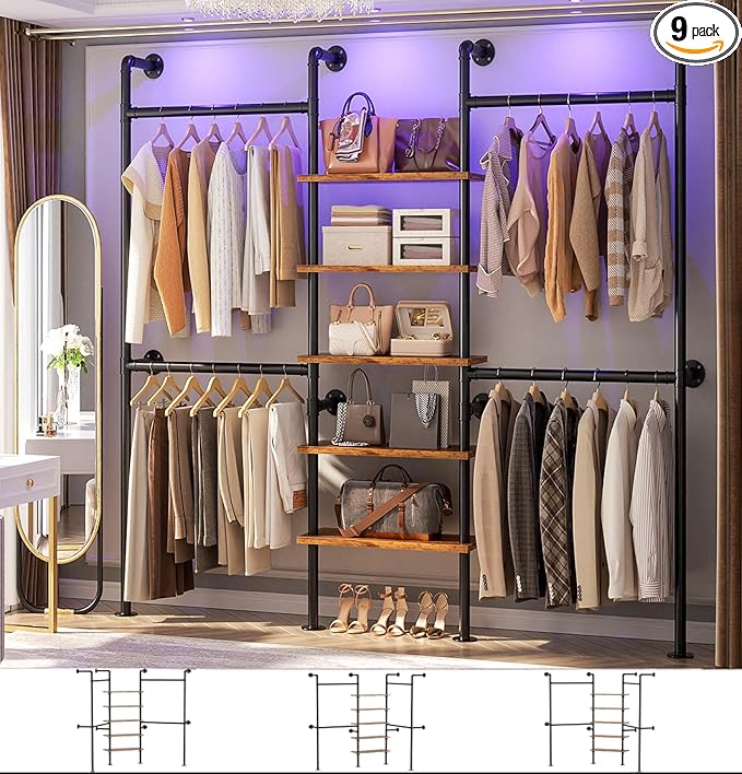 Aheaplus Industrial Pipe Clothing Rack, Reversible 6.42FT Clothes Rack for Hanging Clothes, Heavy Duty 5-Tier Closet Wardrobe Garment Racks with Shelves, Corner Closet Organizer System, Rustic Brown