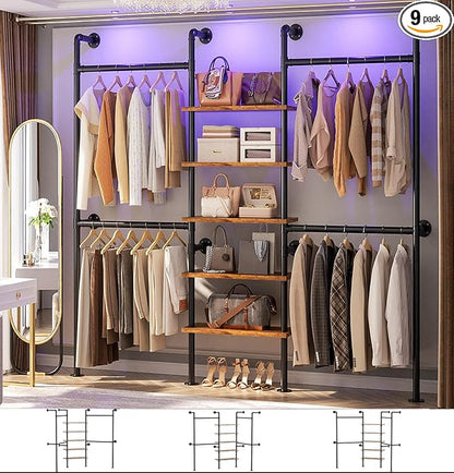 Aheaplus Industrial Pipe Clothing Rack, Reversible 6.42FT Clothes Rack for Hanging Clothes, Heavy Duty 5-Tier Closet Wardrobe Garment Racks with Shelves, Corner Closet Organizer System, Rustic Brown