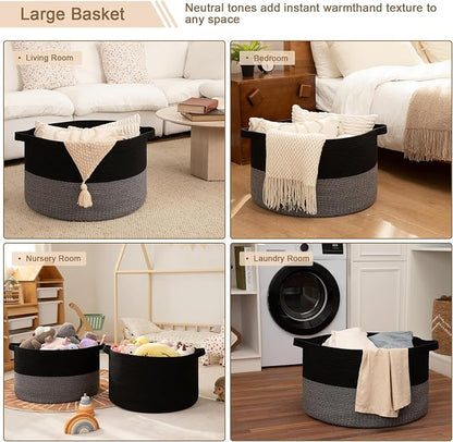 OIAHOMY 115L Extra Large Blanket Basket for Living Room, 23.6" x 15.4" Woven Cotton Rope Laundry Basket for Organizing Pillows, Decorative Stuffed Animal Toy Storage for Nursery, Black and Grey