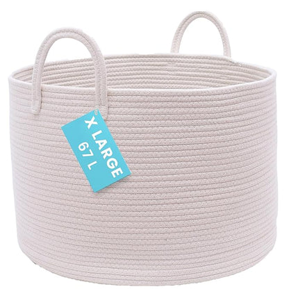 OrganiHaus Large Woven Storage Basket for Blankets and Toys 20" x 13" Inch, Rope Laundry Basket with Handles, Cushions & Pillows Storage Bin, Nursery Hamper, Soft Round Dog Toy Bin - Off-White