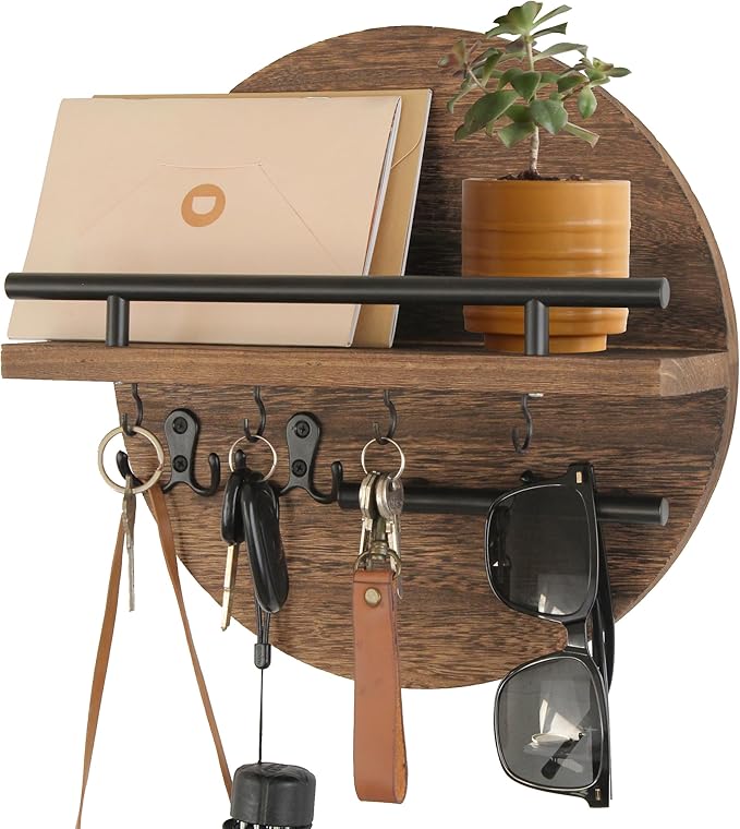 Key Holder for Wall with Shelf - Wood Mail Organizer and Rack with Shelf Hooks Wall Mounted for Entryway Decor Magazines Letter Storage Farmhouse Living Room Bedroom Doorway (Rustic Brown)