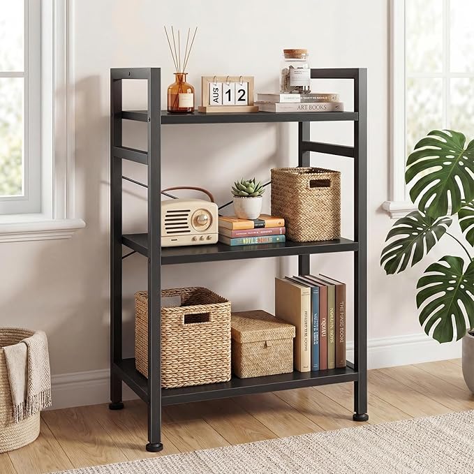 DUMOS 3 Tiers Bookshelf, Classical Book Shelf, Tall Display Shelves in Living Room/Home/Office, Storage Organizer for CDs/Books/Movies, Black