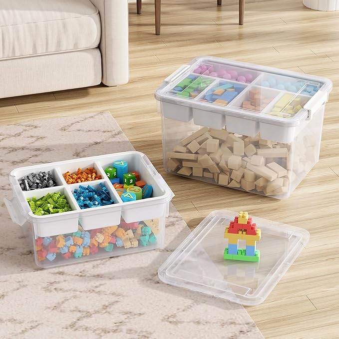 HOMETUK 40Qt Stackable Storage Bins with Lids & Trays, Clear Plastic Latching Boxes Organizers with Dividers Portable 10Gal Containers for Arts & Crafts, Home and Car Trunk Organization, 2Pack