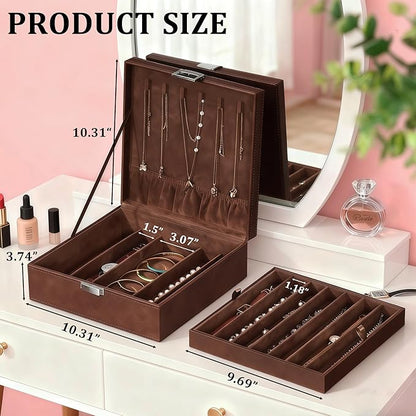 BEWISHOME Necklace Organizer Box, 2-Layer Jewelry Box to Save Space, Modern Style Necklace Storage Box, Brown Necklace and Bracelet Holder for Women, Girls, SSH31Z