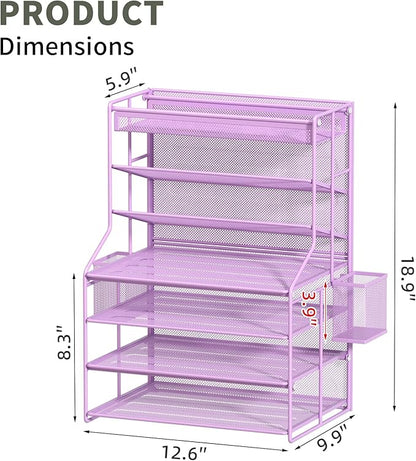 7 Tier Desk File Organizer,Metal Document Holder with Adjustable Shelves, Pull-Out Drawer & Removable Pen Holder for Office Organization,Purple