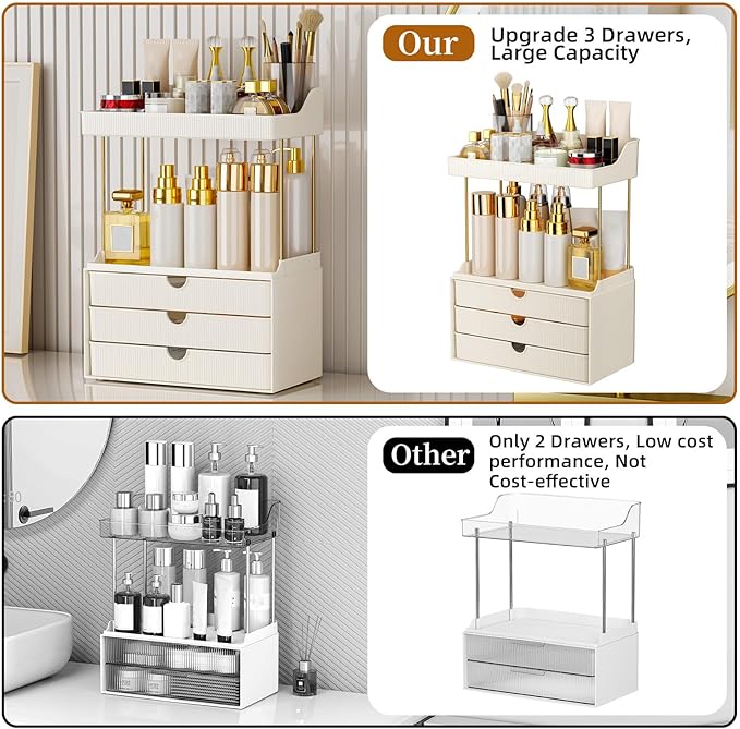 StorBin 3 Drawers Bathroom Vanity Organizer Sidesplashes- 5 Tier Makeup Organizer, Versatile Perfume Organizer, Ideal for Bathroom Storage, Vanity, Large Skincare, Perfume, Present, Cream White
