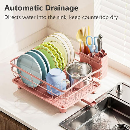 AIDERLY Auto Drain Metal Dish Drying Rack Dish Drainers, Pink | with Draining Tray, Strainer, for Kitchen Counter, Sink