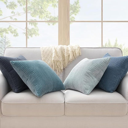 Topfinel BlueGray Decorative Throw Pillow Covers 16x16 Inch Set of 4,Soft Accent Corduroy Striped Gradient Color Small Cushion Cover for Beach,Patio,Balcony,Couch Living Room,Summer Home Decor