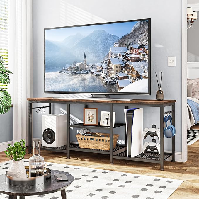 YGEOMER TV Stand for TVs Up to 50 Inch, Entertainment Center for Living Room, Bedroom, Rustic Brown