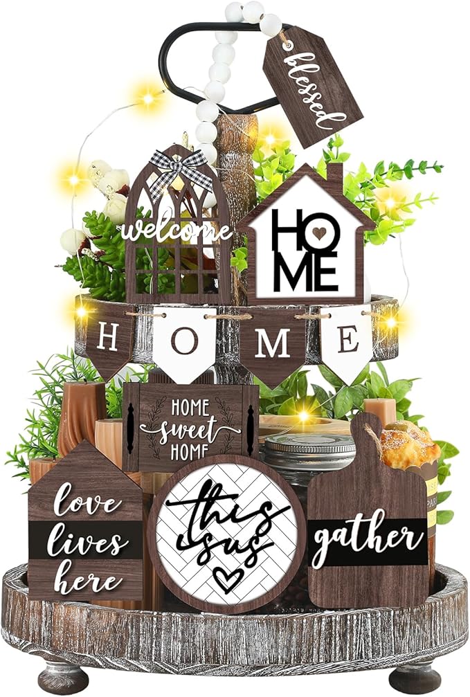 11 Pcs Home Tiered Tray Decor Spring Rustic Farmhouse Tiered Tray Decorations Set Home Wooden Signs Vintage Farm Animal Farmhouse Tabletop Wood Signs for Kitchen Table Shelf Decor