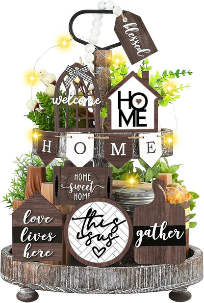 11 Pcs Home Tiered Tray Decor Spring Rustic Farmhouse Tiered Tray Decorations Set Home Wooden Signs Vintage Farm Animal Farmhouse Tabletop Wood Signs for Kitchen Table Shelf Decor