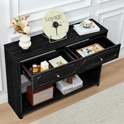 ORRD Fluted Console Table with Drawers, Mid-Century Narrow Entryway Table with Open Storage Shelves, Hallway Accent Tables Behind Couch Tables for Living Room (Black)