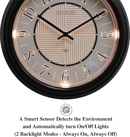 CLXEAST 14 Inch LED Illuminated Indoor Outdoor Atomic Analog Wall Clock Battery Operated, Glow in The Dark Wall Clock for Living Room, Home Office,Bathroom,Kitchen,Oil Rubbed Bronze Black Finish