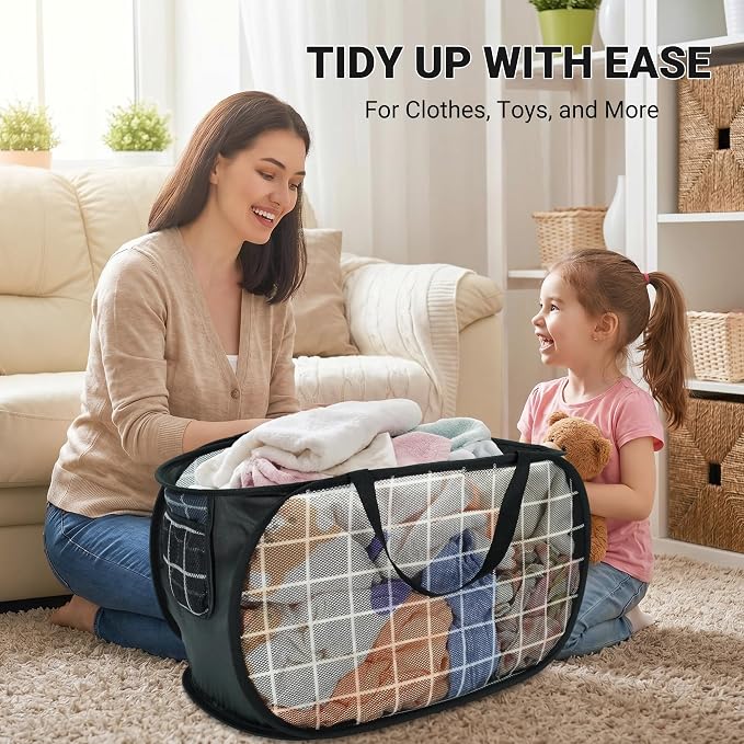 Collapsible Laundry Baskets with Side Pocket, Mesh Pop Up Clothes Hamper for Laundry, Foldable Laundry Basket Storage Hamper with Reinforced Handles for Clothes, Toys, Home, Dorm -Grid Print, Black