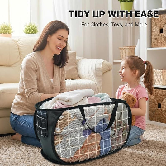 Collapsible Laundry Baskets with Side Pocket, Mesh Pop Up Clothes Hamper for Laundry, Foldable Laundry Basket Storage Hamper with Reinforced Handles for Clothes, Toys, Home, Dorm -Grid Print, Black