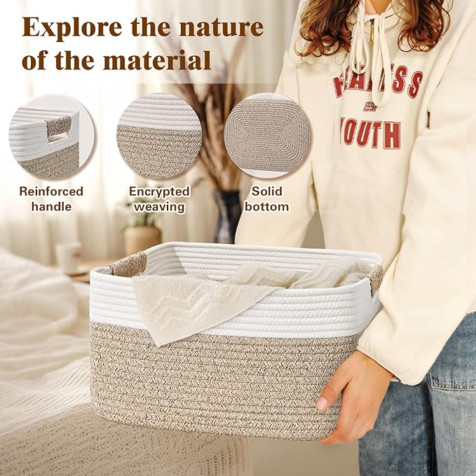 4 Pack Large Storage Basket for Organizing, 17.5"x13.5"x7.5" Woven Basket for Shelves, Closet Cube Storage Bins with Wrapped Handle, Cotton Rope Baskets for Kitchen, Clothes, Toys(Off White & Brown)