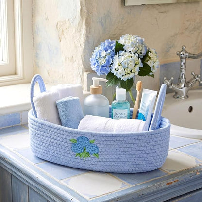Vesici Hydrangea Toilet Paper Basket Boho Woven Cotton Rope Bathroom Countertop Organizer with Handle Blue Hydrangea Bathroom Storage Decor for Toilet Closet Bedroom Nursery, 13 x 6 x 4 Inch