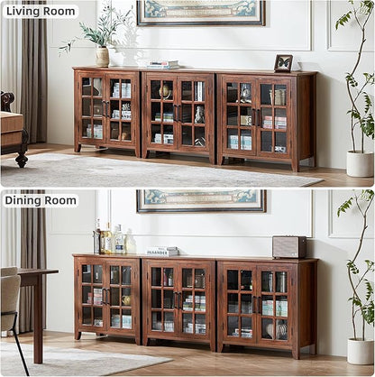 Large Sideboard Buffet Cabinet with Storage, 32" Farmhouse Kitchen Coffee Wine Bar Cabinet with 2 Glass Doors, Wood Mid Century Modern Side Board Table for Dining Room, Living Room, Brown