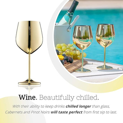 Gusto Nostro Stainless Steel Wine Glass - 18 oz Unbreakable Gold Wine Glasses for Travel, Camping and Pool - Fancy, Unique and Cute Portable Metal Wine Glass for Outdoor Events, Picnics (Set of 2)