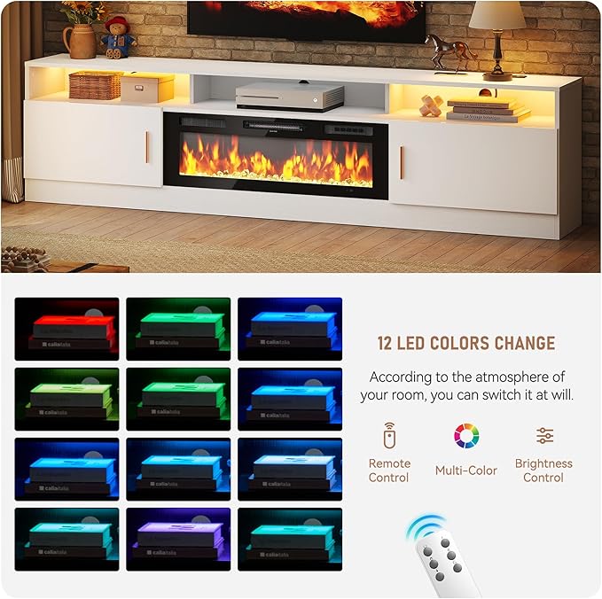 MXV 78" Fireplace TV Stand with Power Outlet for TVs UP to 90", Electric Fireplace Entertainment Center with LED Lights & Storage Cabinets, TV Console for Living Room, Office, White-Black
