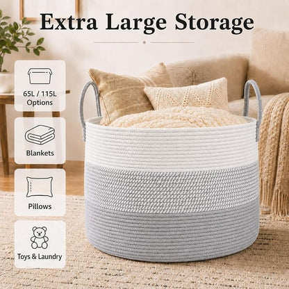 JMvicyroam 65L Extra Large Blanket Basket for Living Room - Woven Cotton Rope Laundry Hamper with Reinforced Handles - Storage Bin for Pillows, Comforters & Toys - Machine Washable,White&Grey Mix