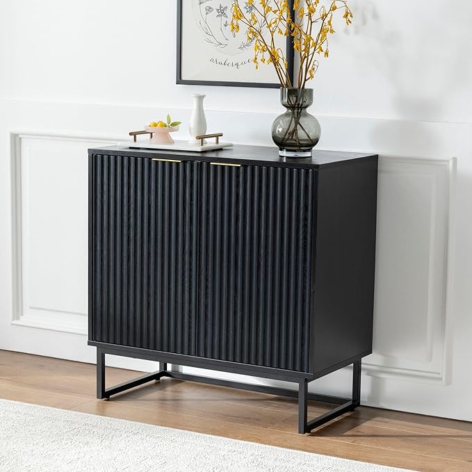 Fluted Storage Cabinets Set of 3, Sideboard Buffet Cabinet Modern Accent Cabinet with Adjustable Shelves, Credenza, Console Table Entryway Cabinets for Living Room, Black