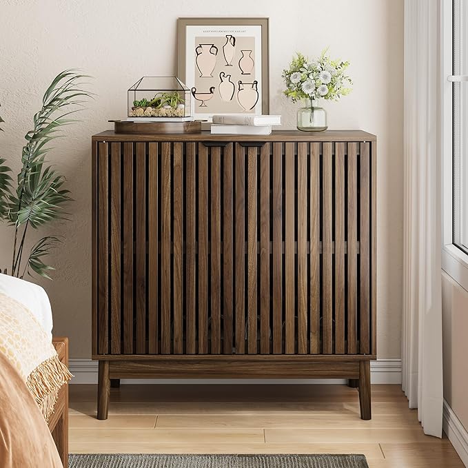 Shoe Cabinet with Slatted Doors, 4-Tier Freestanding Shoe Cabinet Storage for Entryway, Narrow Entryway Shoe Organizer Cabinets with Shelves (Walnut, 31.5" Wide)