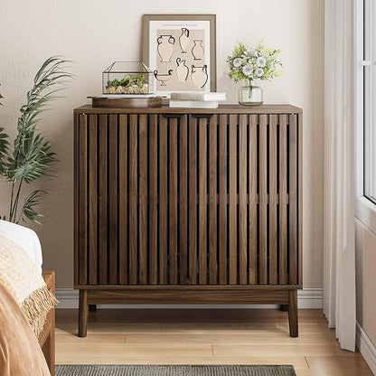 Shoe Cabinet with Slatted Doors, 4-Tier Freestanding Shoe Cabinet Storage for Entryway, Narrow Entryway Shoe Organizer Cabinets with Shelves (Walnut, 31.5" Wide)