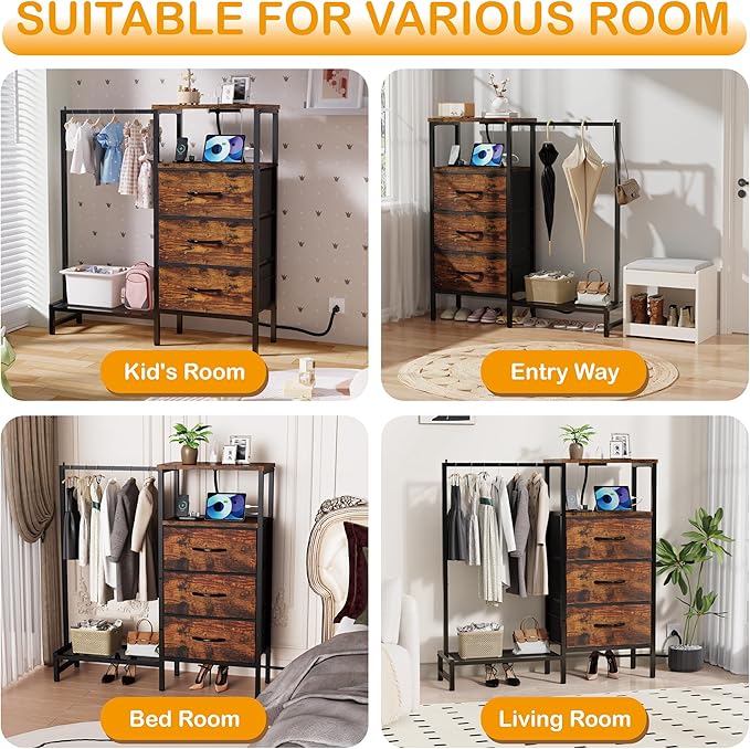Dresser for Bedroom with Hanging Rack, 3 Drawers Closet with Charging Station, Faric Chest of Drawers with Clothes Rack, Storage Organzier for Hallway Entryway, Brown