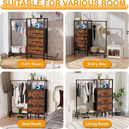 Dresser for Bedroom with Hanging Rack, 3 Drawers Closet with Charging Station, Faric Chest of Drawers with Clothes Rack, Storage Organzier for Hallway Entryway, Brown