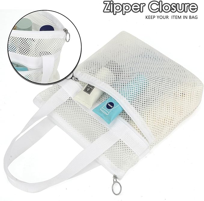 GYEUKHAM Portable Mesh Shower Caddy with 2 Zipper Pockets & Dual Handles, Quick-Drying Hanging Shower Tote for College Dorm, Gym, Travel & Camping, White