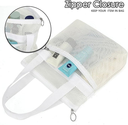 GYEUKHAM Portable Mesh Shower Caddy with 2 Zipper Pockets & Dual Handles, Quick-Drying Hanging Shower Tote for College Dorm, Gym, Travel & Camping, White