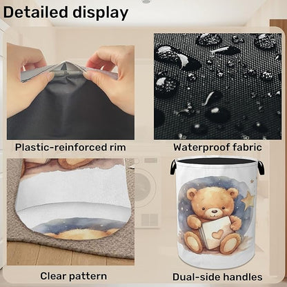 Cute Bear Good Night Foldable Canvas Laundry Basket with Handles - Toy Organizer, Heavy Duty for Home，Bedroom, Dorm, Bathroom