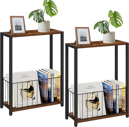 Narrow Side Tables Set of 2 with Magazine Holder, Skinny End Tables Perfect for Small Spaces, Space-Saving Design for Living Room, Bedroom, or Office, 7.1" D x 16.9" W x 23.6" H, Rustic Brown