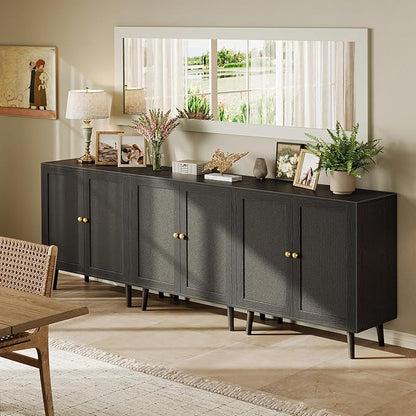 Huuger Buffet Cabinet with Storage, Storage Cabinet with PE Rattan Decor Doors, Accent Sideboard Buffet with Solid Wood Feet, for Hallway, Entry, Living Room, All Black