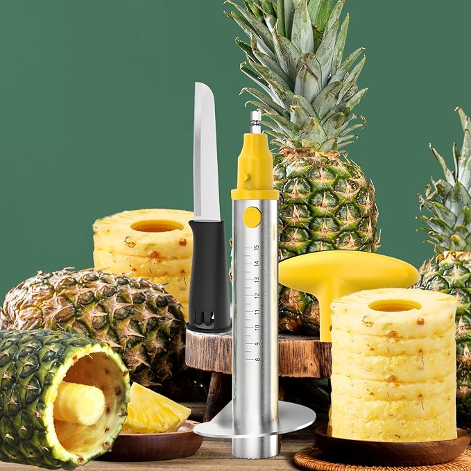 Newness Pineapple Corer with Knife, [Upgraded, Electric & Manual] Stainless Steel Fruit Pineapple Cutter with Electric Drill Accessory, Pineapple Slicer Remover Kitchen Tool with Measure Mark, Yellow