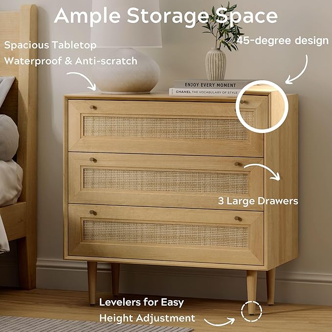 Rattan 3 Drawer Dresser for Bedroom, Modern Dresser Wood Chest of Drawers with Metal Handles,Boho Storage Cabinets Corner Bedside Table for Bedroom, Living Room, Entryway, Natural Oak