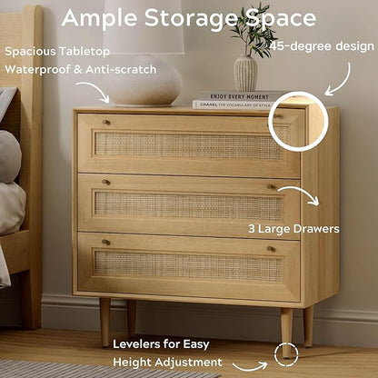 Rattan 3 Drawer Dresser for Bedroom, Modern Dresser Wood Chest of Drawers with Metal Handles,Boho Storage Cabinets Corner Bedside Table for Bedroom, Living Room, Entryway, Natural Oak