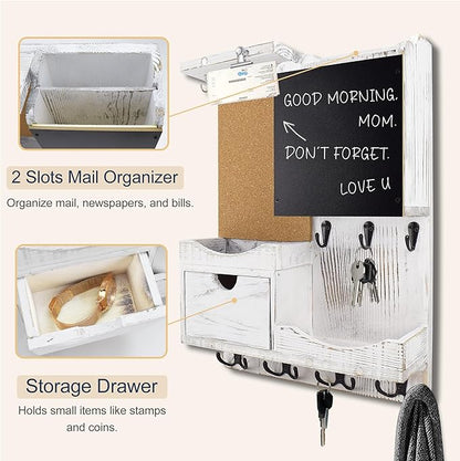 Key Holder Wall Mount， Mail Organizer Key Holder for Wall with Shelf, Drawer, Chalkboard, Corkboard, Home Decor Wall Mounted for Room Entryway(Whitewashed)