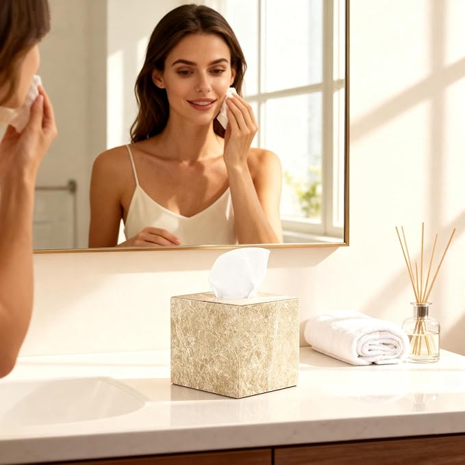 N NANSHOP Natural Marble Tissue Box Holder Cover, Square Cube Tissue Box Holder with Open Bottom for Bathroom Vanity Tops, Bedroom Dressers, Kitchen Countertop, Light Brown (NS042)