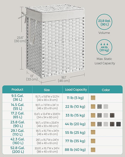 SONGMICS Laundry Hamper with Lid, 23.8 Gallon (90 L) Synthetic Rattan Clothes Laundry Basket with Lid and Handles, Foldable, Removable Liner, Cloud White ULCB51WT