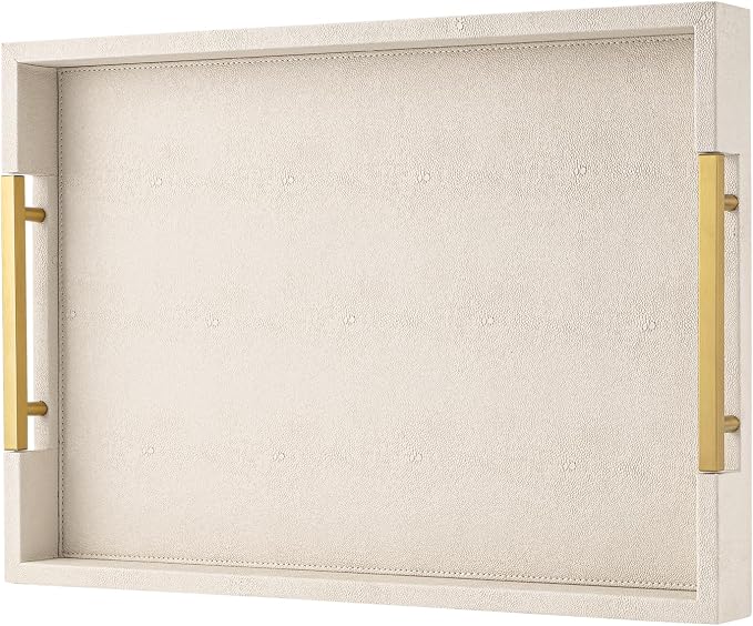 Beige Faux Leather Serving Tray with Handles – Large Decorative Tray for Coffee Table, Ottoman, Living Room, Bathroom – Home Decor