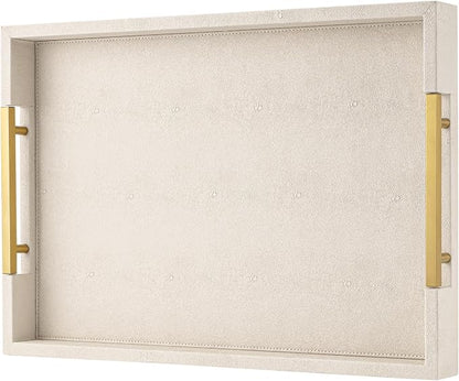 Beige Faux Leather Serving Tray with Handles – Large Decorative Tray for Coffee Table, Ottoman, Living Room, Bathroom – Home Decor