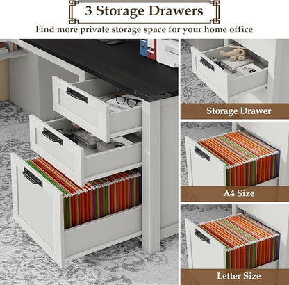 Vabches Wood L Shaped Executive Desk, Farmhouse Home Office Desk with Drawers and Under-Desk Storage Shelf Corner Computer Desk with Power Outlets for Home Office, Study, Bedroom, White and Black