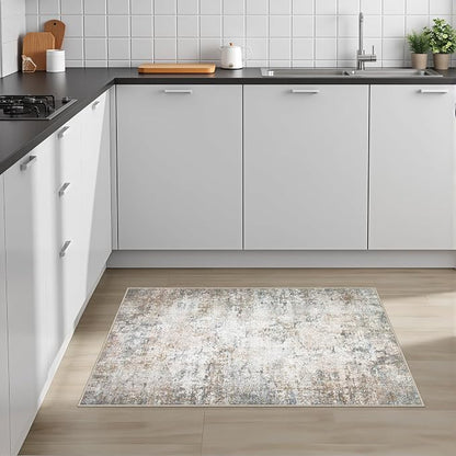 Washable Area Rug 2x3 Entryway Rug: Washable Modern Abstract Soft Thin Rug Indoor Floor No Slip Stain Resistant Carpet for Bedroom Dining Room Farmhouse Nursery Home Office - Brown Grey