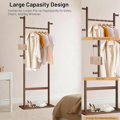 Freestanding Coat Rack with 2 Storage Shelves and 5 Hooks, Heavy Duty Wood Garment Rack for Bedroom, Hallway, Entryway (23.6x11x64 in)