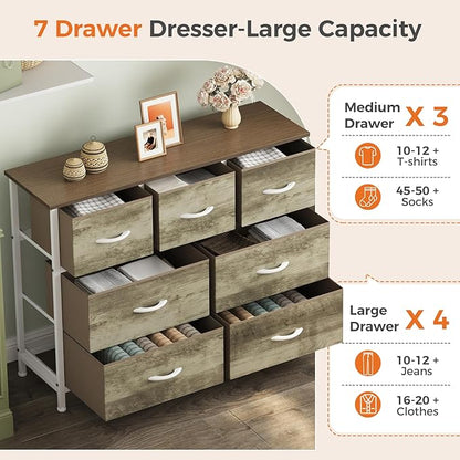Sweetcrispy 7 Drawer Dresser with Fabric Bins, Fabric Storage Tower Organizer for Bedroom, Closet, Hallway, Entryway, Tall Chest of Drawers with Steel Frame, Wood Top, Large Storage, Greige Oak