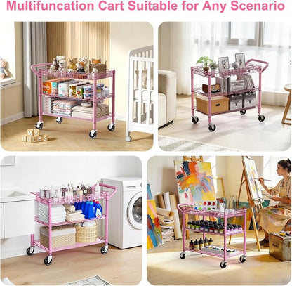 WDT Pink Rolling Utility Cart with Wheels, 990Lbs Heavy Duty Metal Cart with Handle & Shelf Liners, NSF Certified 3-Tier Storage Trolley for Esthetician, Kitchen, Salon & Craft Room, Pink