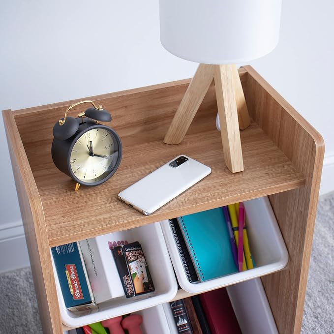 Humble Crew 4-Bin Storage End Table – Nightstand with Natural Wood Frame & White Plastic Bins, 2-Tier Organizer with Shelf for Bedrooms, Dorms & Small Spaces